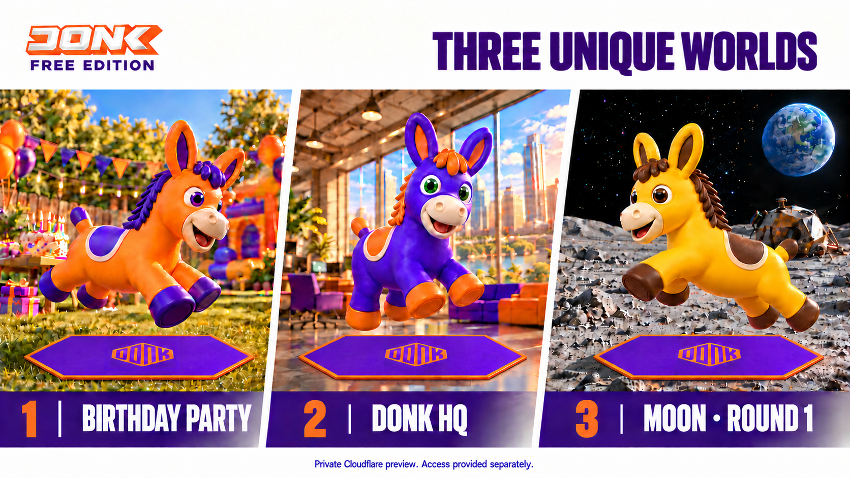 DONK Free Edition. Three Unique Worlds: 1, Birthday Party; 2, Donk HQ; 3, Moon, Round 1. Private Cloudflare preview. Access provided separately.